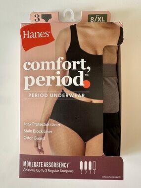 Hanes Women's 3pk Comfort Period Brief
Underwear Moderate Protection (NEW)